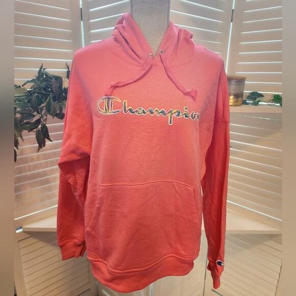 CHAMPION NEW HOODED SWEATERSHIRT WITH MULTI COLOR LETTERING SIZE LARGE - Picture 1 of 6